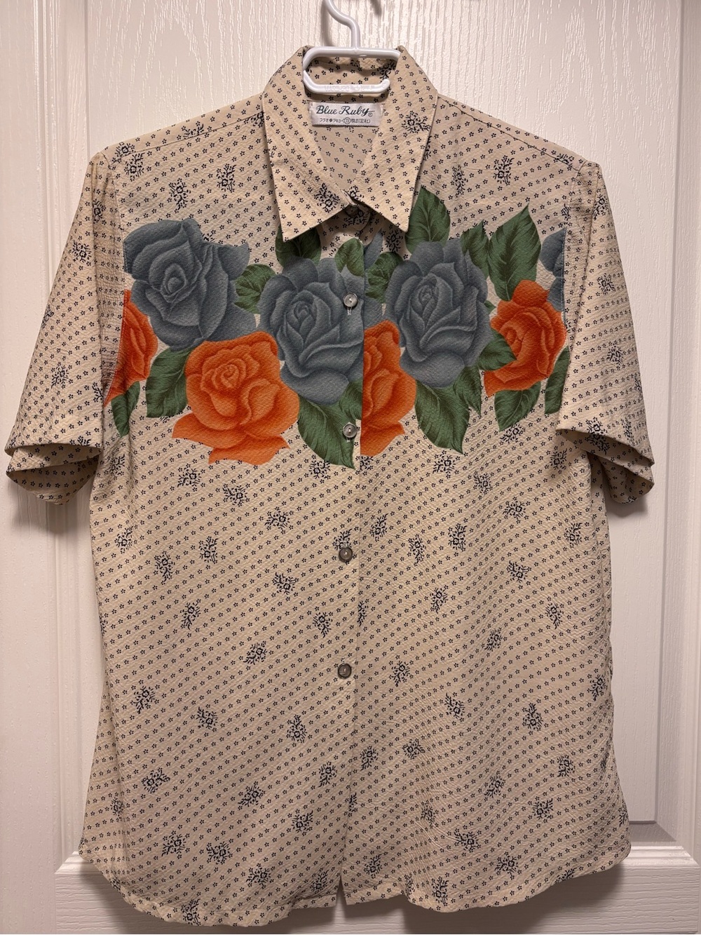 Blue Ruby Vintage Western Style Blouse with Roses! Sz 13 M-L cream short sleeve